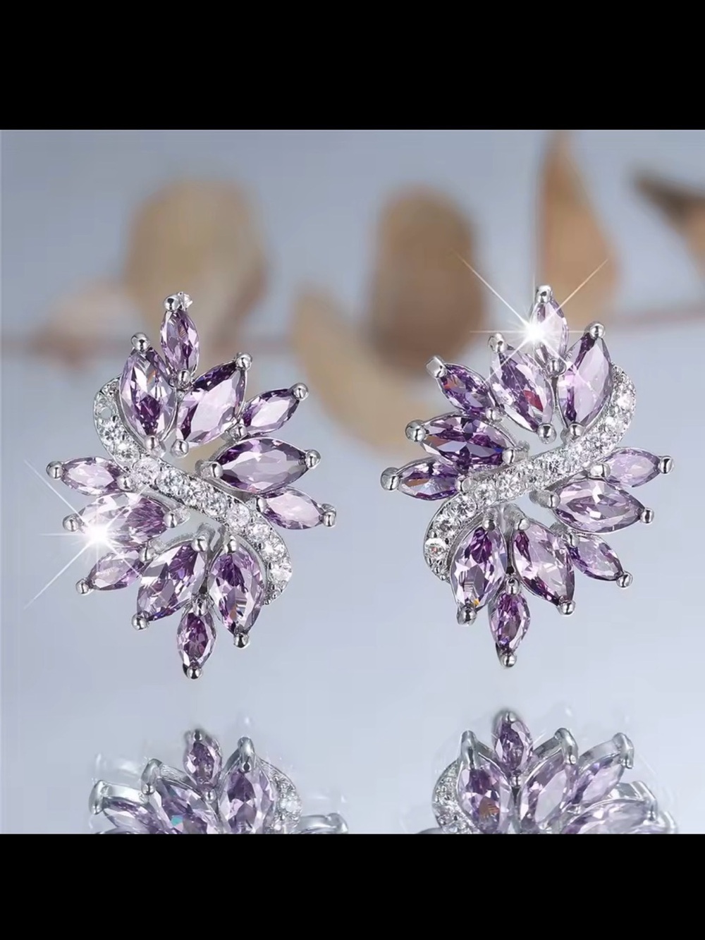 Purple Crystal Floral Stud Earrings - Women Jewelry - Picture 6 of 7